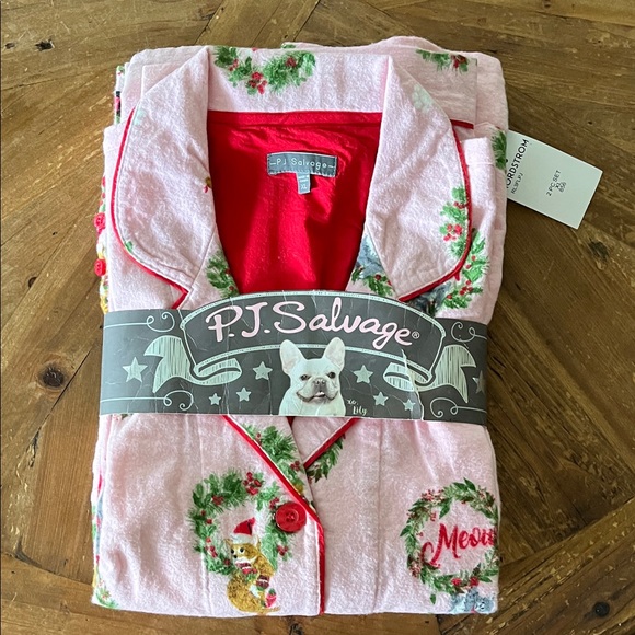 P.J. Salvage Pink Holiday 2 Piece Cat Flannel Pajama Set XL - Picture 1 of 4